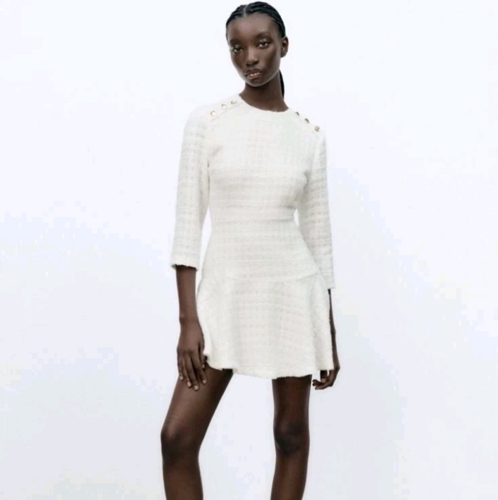 Zara tweed 3/4 sleeves gold buttons ruffled mini dress